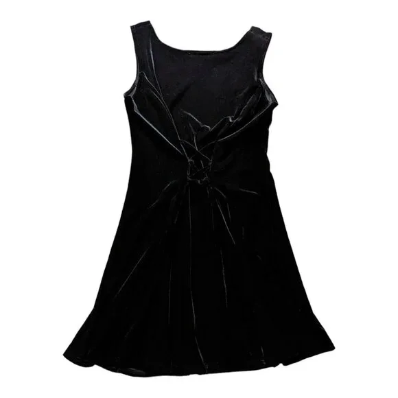 Vintage Benson Smith Dress Women's 11/12 Black Velvet Lace Up Goth Pleated - Picture 2 of 11